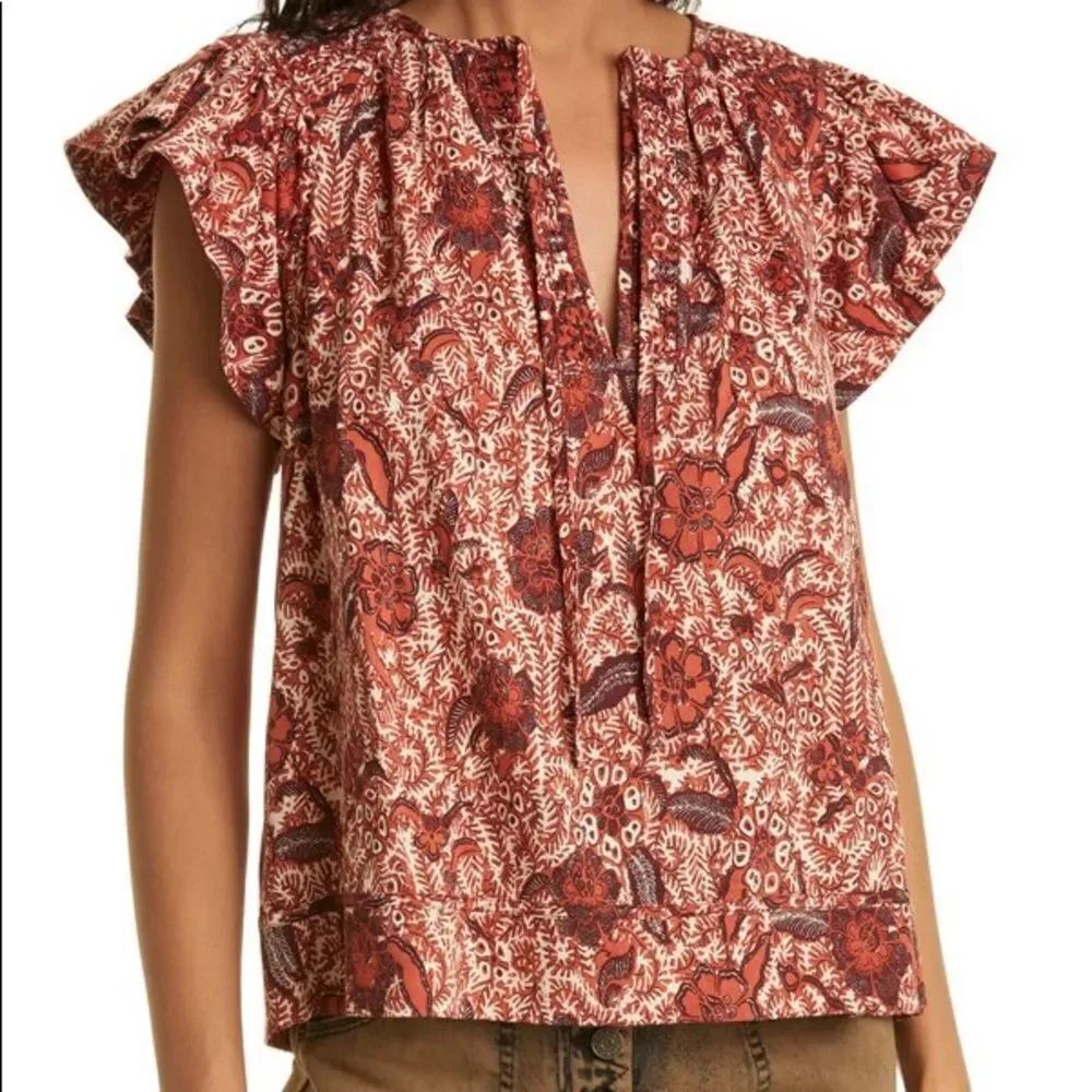 ✨ Joie Blue Orange Floral Ruffle Sleeve Sheer Blouse✨